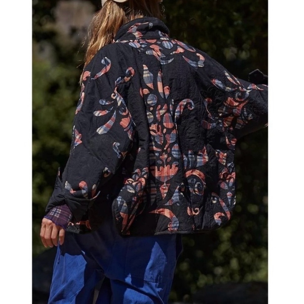 Free People Reverse Appliqué Puffer Black Floral Puffer Jacket - Picture 2 of 5